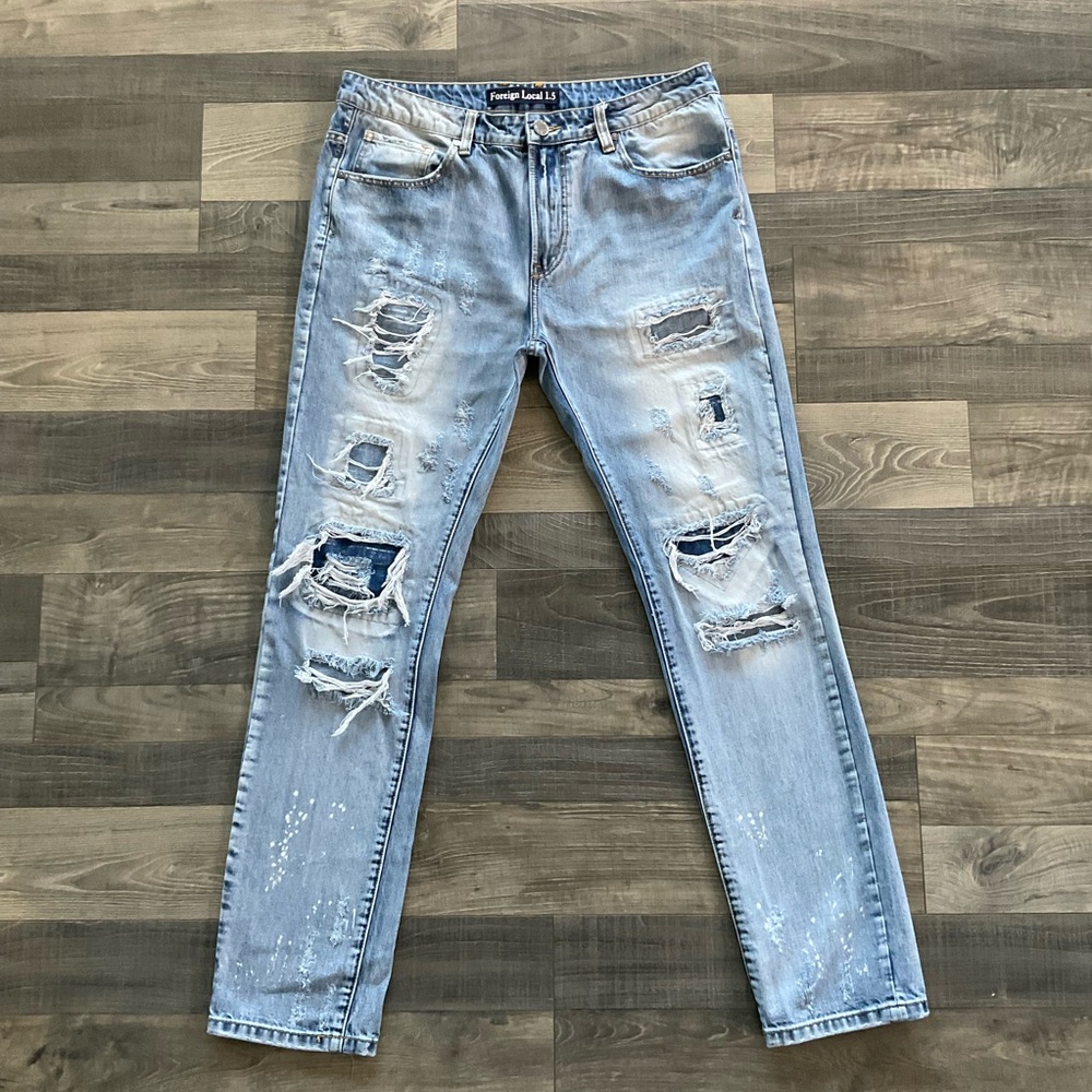 36x33 Foreign Local 1.5 Distressed Jeans Men’s Blue Tapered Leg 100% Cotton